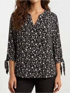 Jones New York Black and White Floral Tie-Sleeve V-Neck Blouse